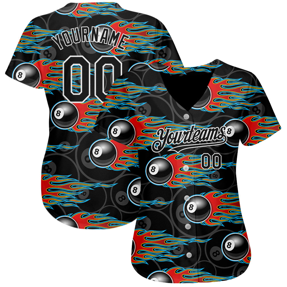 Personalized 3D Black White Flaming Billiards 8 Ball Baseball Jersey Personalized Black White 3D Flaming Billiards Snooker - Image 2