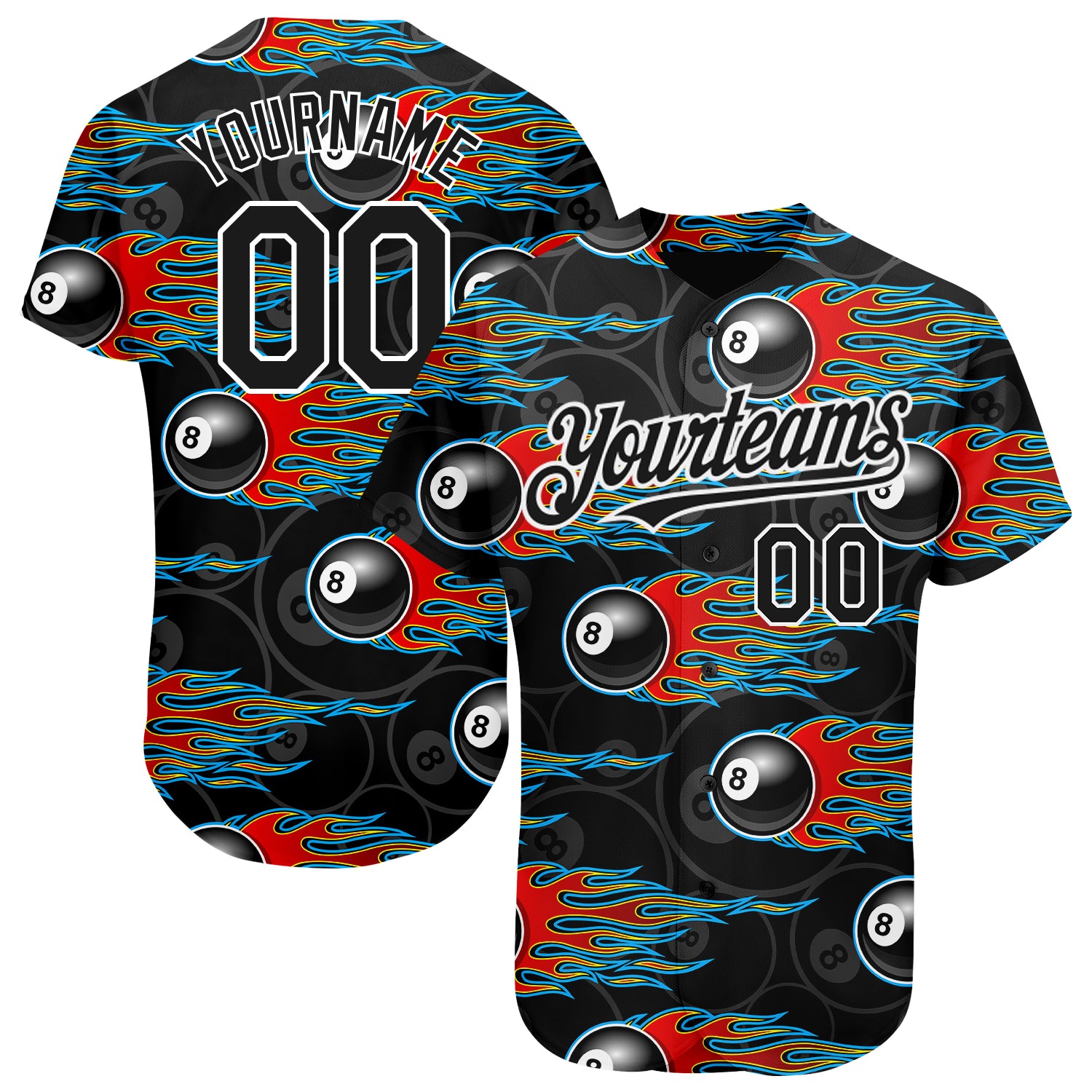 Personalized 3D Black White Flaming Billiards 8 Ball Baseball Jersey Personalized Black White 3D Flaming Billiards Snooker