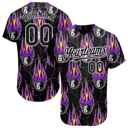 Personalized 3D Black White Flaming Billiards Snooker 8 Ball Baseball Jersey Personalized Black White 3D Flaming Billiards