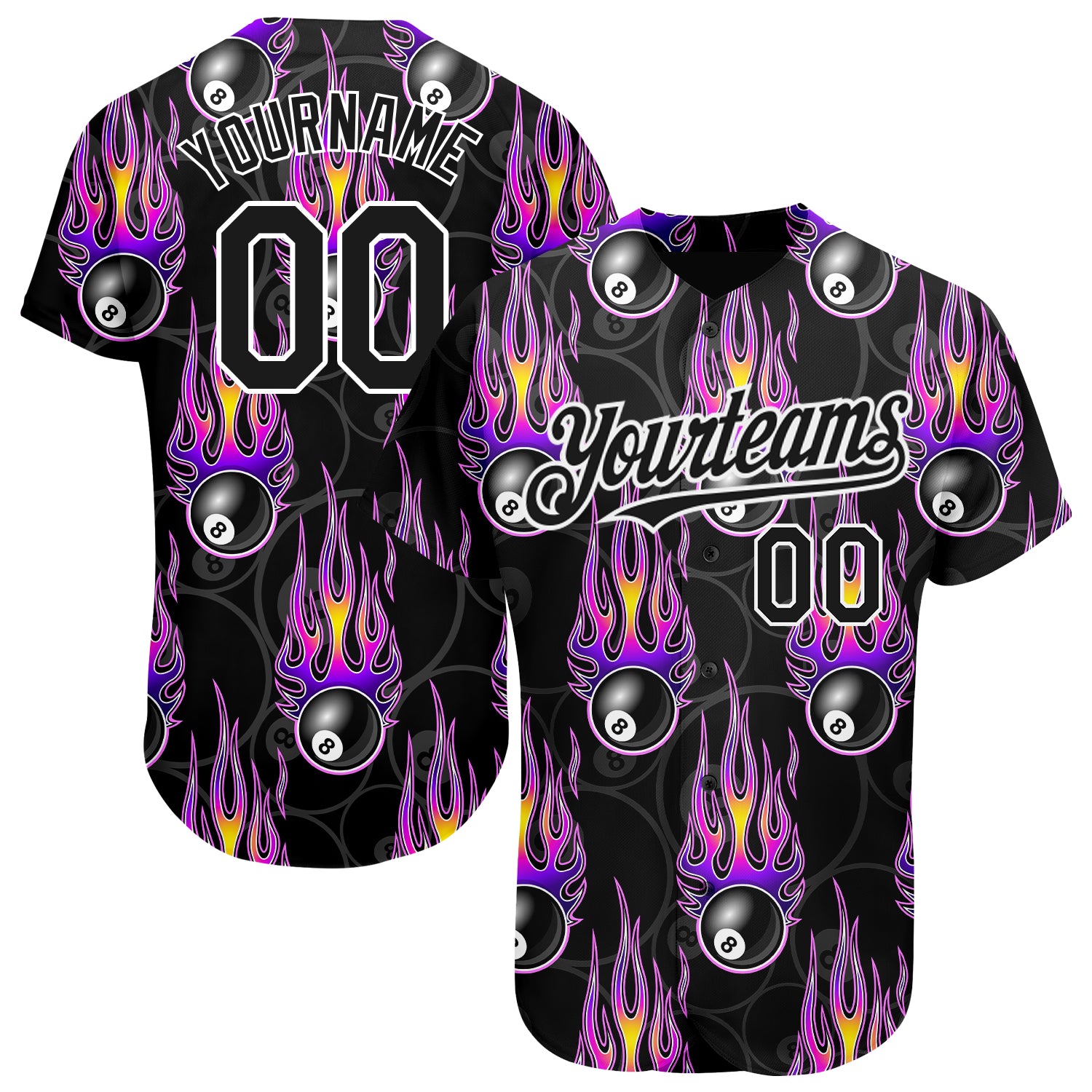 Personalized 3D Black White Flaming Billiards Snooker 8 Ball Baseball Jersey Personalized Black White 3D Flaming Billiards