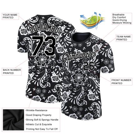 Personalized 3D Floral Design Performance T-Shirt in Black and White Personalized Black White 3D Floral Design Performance