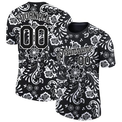 Personalized 3D Floral Design Performance T-Shirt in Black and White Personalized Black White 3D Floral Design Performance