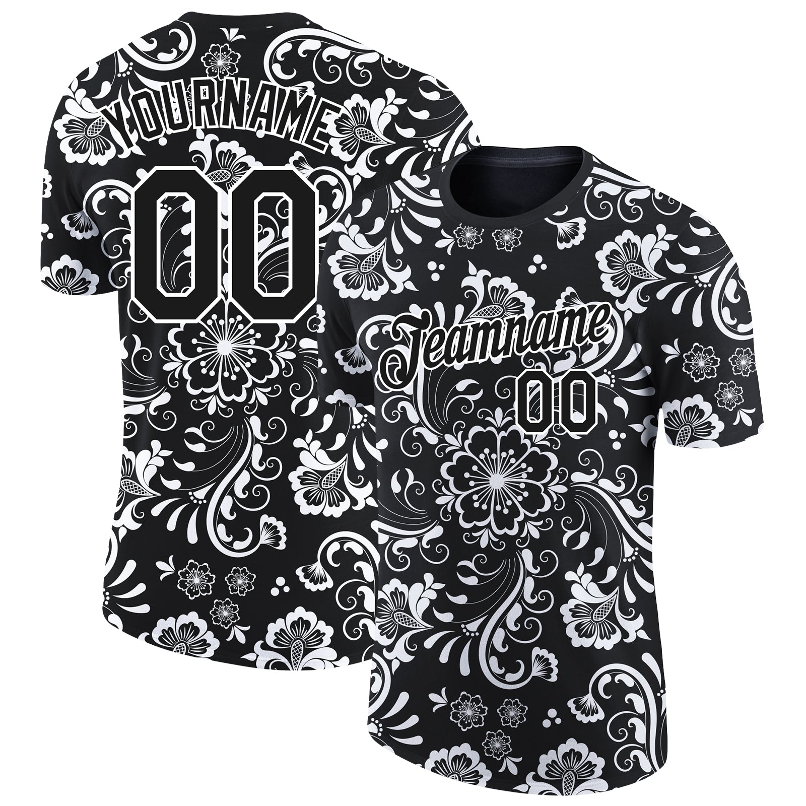 Personalized 3D Floral Design Performance T-Shirt in Black and White Personalized Black White 3D Floral Design Performance