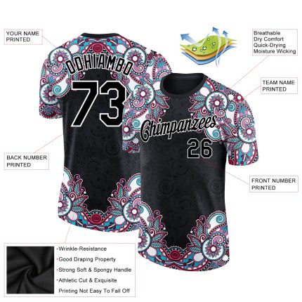 Personalized 3D Floral Design Performance T-Shirt in Black and White Personalized Black White 3D Floral Design Performance