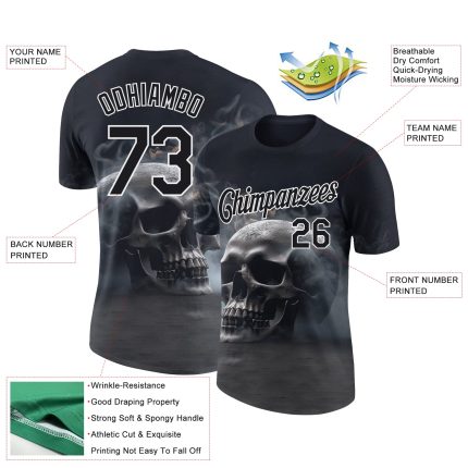 Custom Name and Number 3D Gothic Skull Fashion T-Shirt in Black and White for Team Performance Personalized Black White 3D