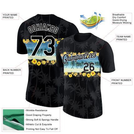 Personalized 3D Hawaii Palm Trees Beach T-Shirt - Black & White Performance Tee Personalized Black White 3D Hawaii Palm Trees