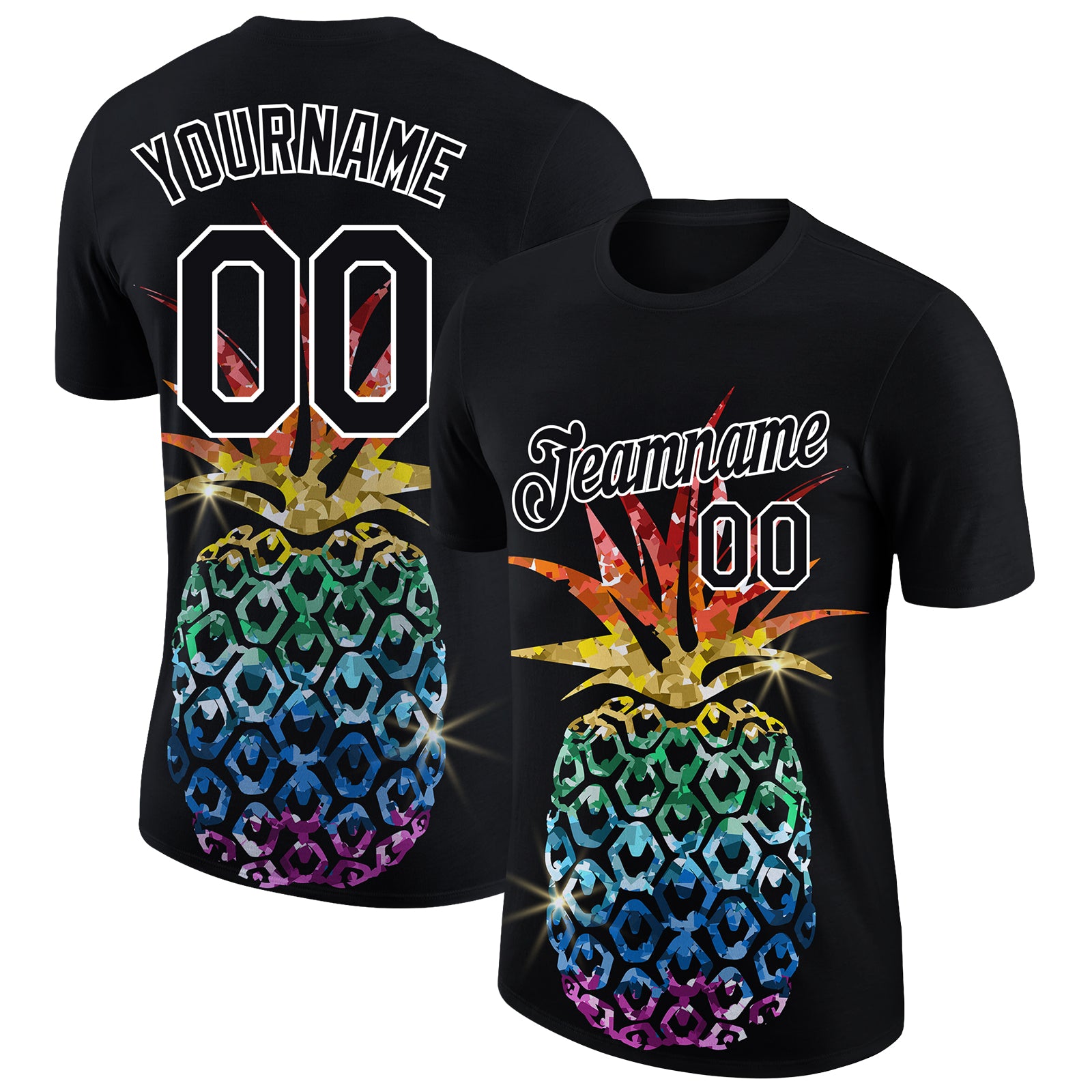 Personalized Glitter Pineapple T-Shirt - Black White 3D Hawaii Style Performance Top Personalized Black White 3D Hawaii Style