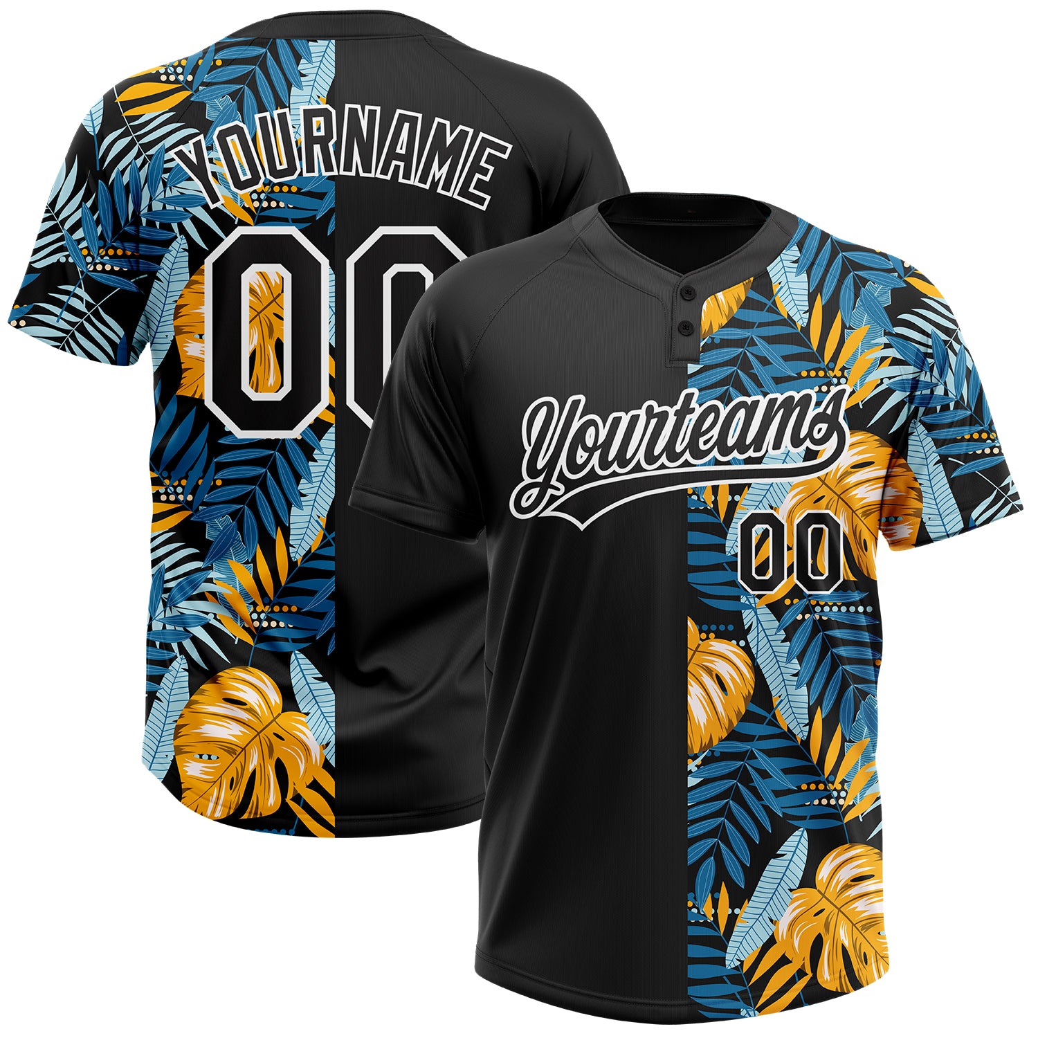 Personalized 3D Tropical Leaves Black White Unisex Softball Jersey Personalized Black White 3D Hawaii Tropical Leaves Two-Button