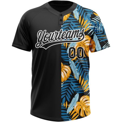 Personalized 3D Tropical Leaves Black White Unisex Softball Jersey Personalized Black White 3D Hawaii Tropical Leaves Two-Button
