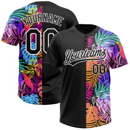 Personalized 3D Tropical Palm Trees Softball Jersey Unisex Black White Two-Button Personalized Black White 3D Hawaii Tropical
