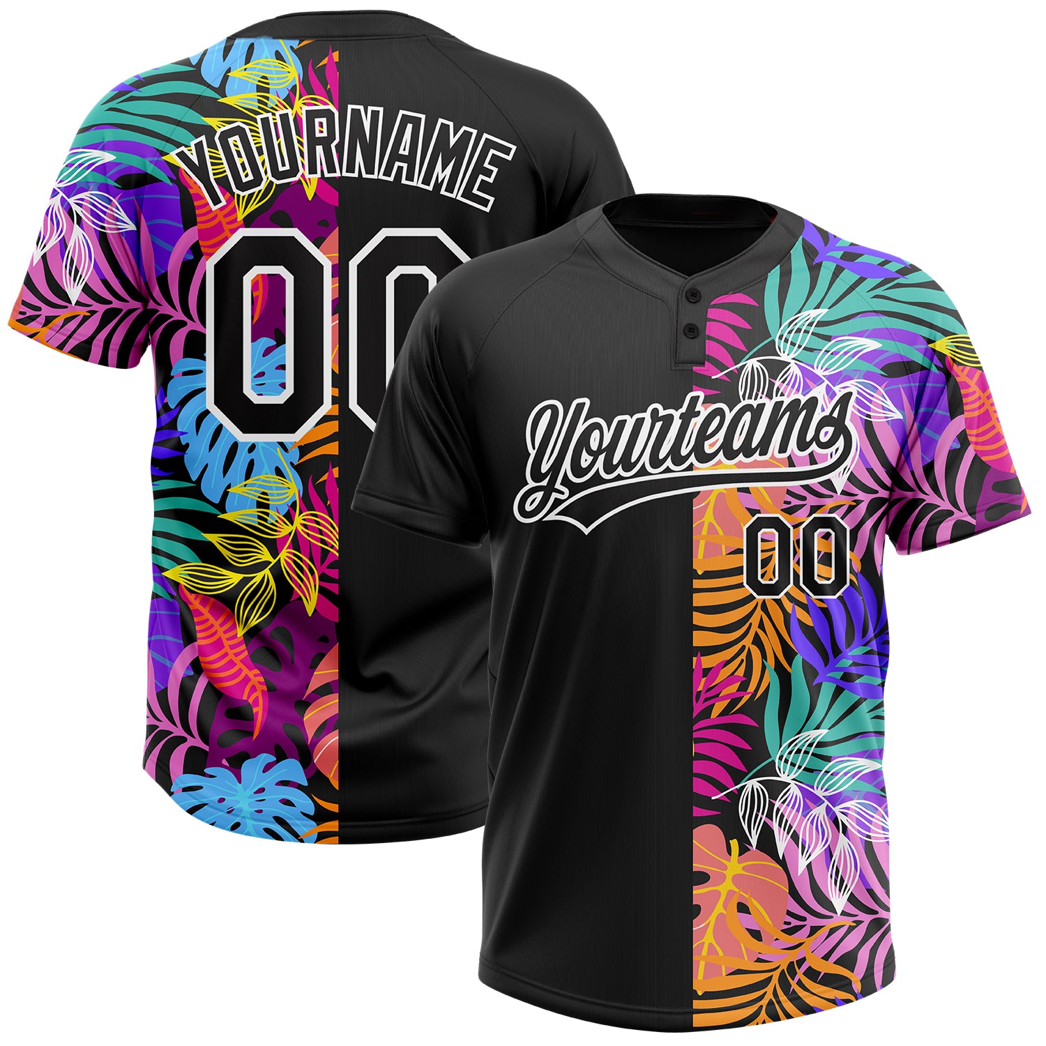 Personalized 3D Tropical Palm Trees Softball Jersey Unisex Black White Two-Button Personalized Black White 3D Hawaii Tropical