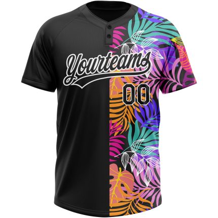 Personalized 3D Tropical Palm Trees Softball Jersey Unisex Black White Two-Button Personalized Black White 3D Hawaii Tropical