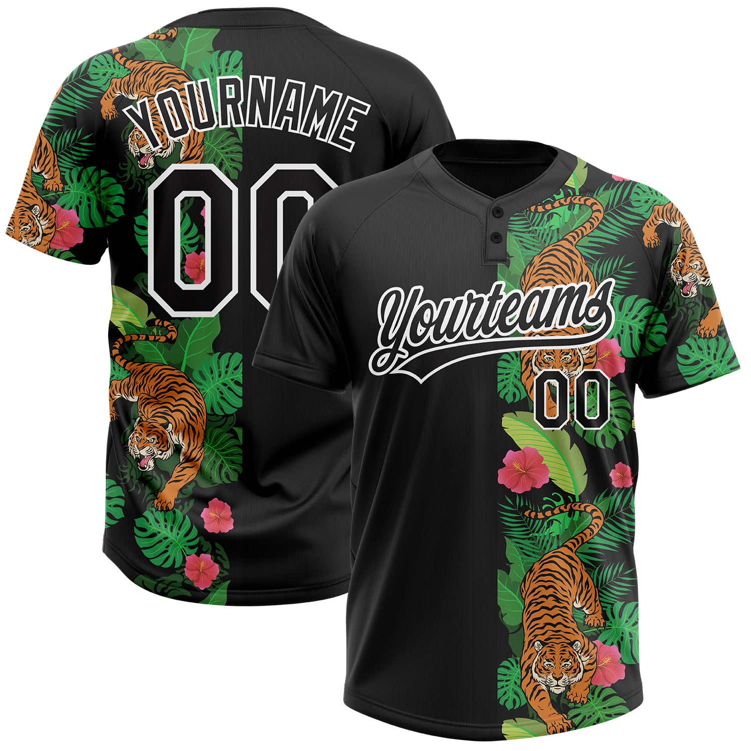 Personalized Tropical Tiger 3D Black White Unisex Softball Jersey - Two-Button Design Personalized Black White 3D Hawaii