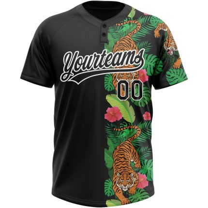 Personalized Tropical Tiger 3D Black White Unisex Softball Jersey - Two-Button Design Personalized Black White 3D Hawaii