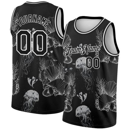 Custom 3D Black White Jellyfish Seashells Basketball Jersey for Men and Women Personalized Black White 3D Jellyfishes And