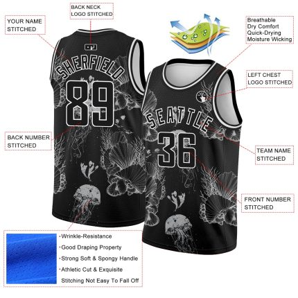 Custom 3D Black White Jellyfish Seashells Basketball Jersey for Men and Women Personalized Black White 3D Jellyfishes And