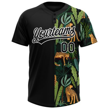 Personalized 3D Leopards Tropical Palm Leaves Unisex Softball Jersey - Two-Button Design Personalized Black White 3D Leopards