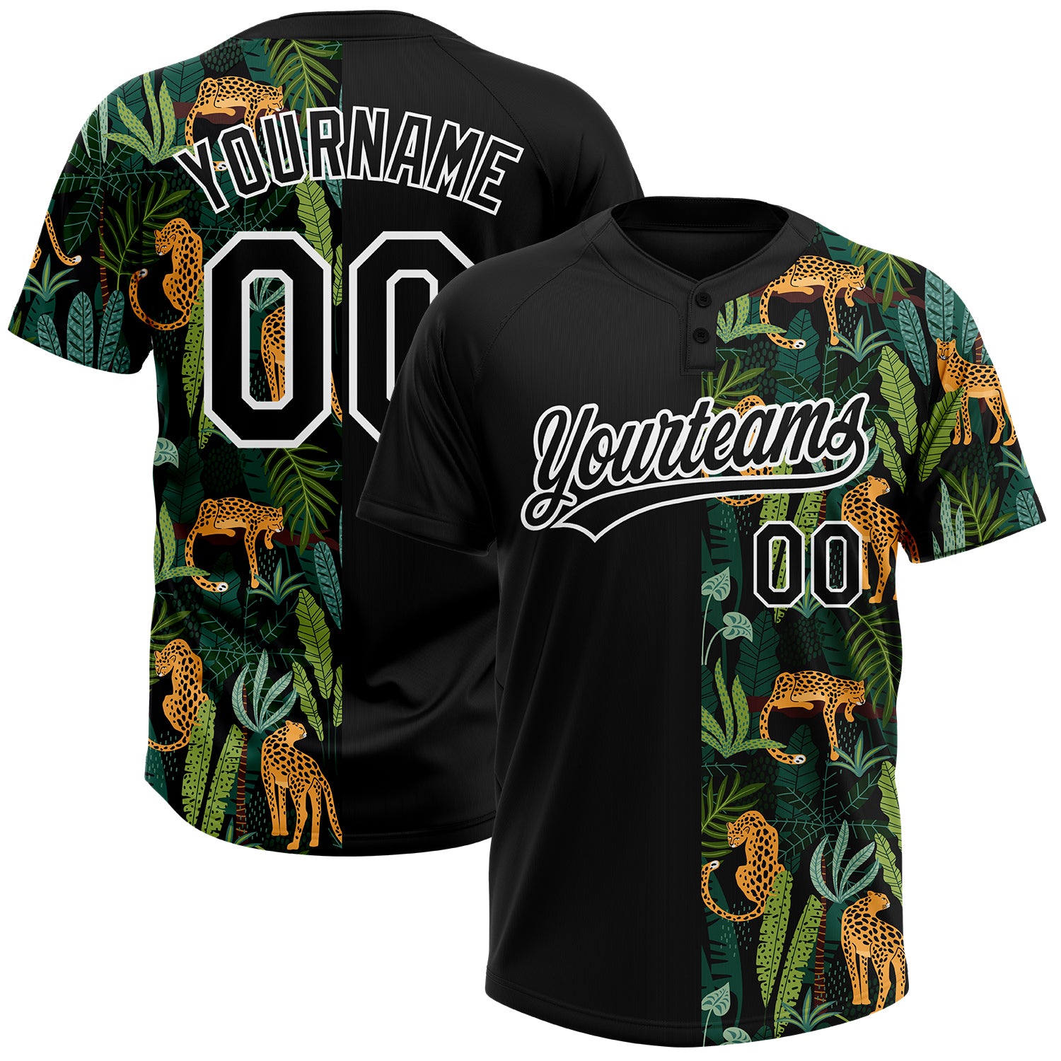 Personalized 3D Leopards Tropical Palm Leaves Unisex Softball Jersey - Two-Button Design Personalized Black White 3D Leopards