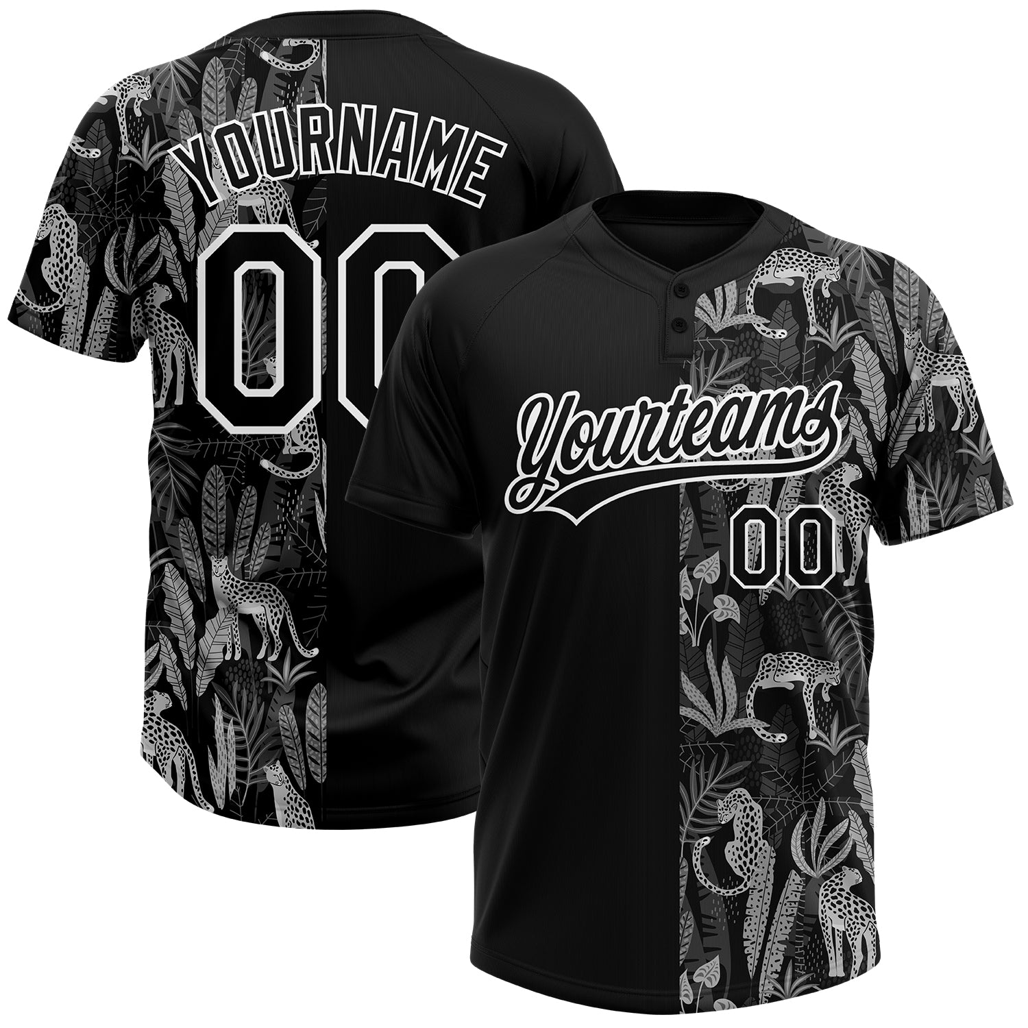 Personalized 3D Leopards Tropical Palm Leaves Black White Softball Jersey Unisex Two-Button Personalized Black White 3D Leopards