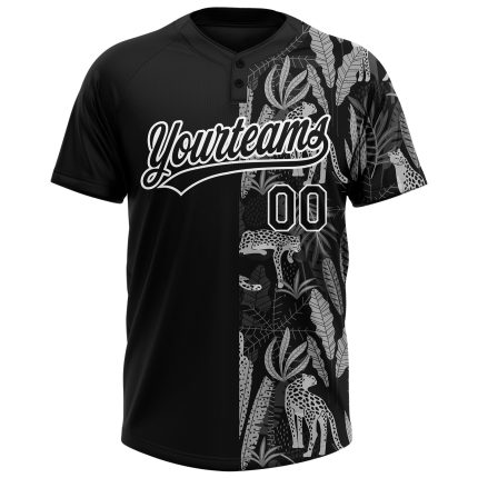 Personalized 3D Leopards Tropical Palm Leaves Black White Softball Jersey Unisex Two-Button Personalized Black White 3D Leopards