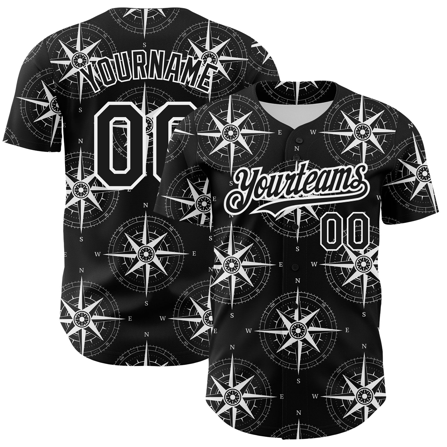 Personalized 3D Navigation Compass Baseball Jersey in Black and White Personalized Black White 3D Navigation Compass Baseball