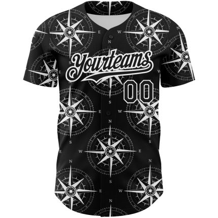 Personalized 3D Navigation Compass Baseball Jersey in Black and White Personalized Black White 3D Navigation Compass Baseball