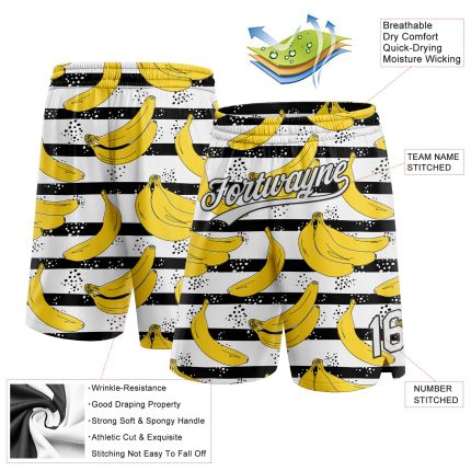 Custom Name Number 3D Pattern Basketball Shorts Authentic Black White Team Personalized Black White 3D Pattern Banana Authentic