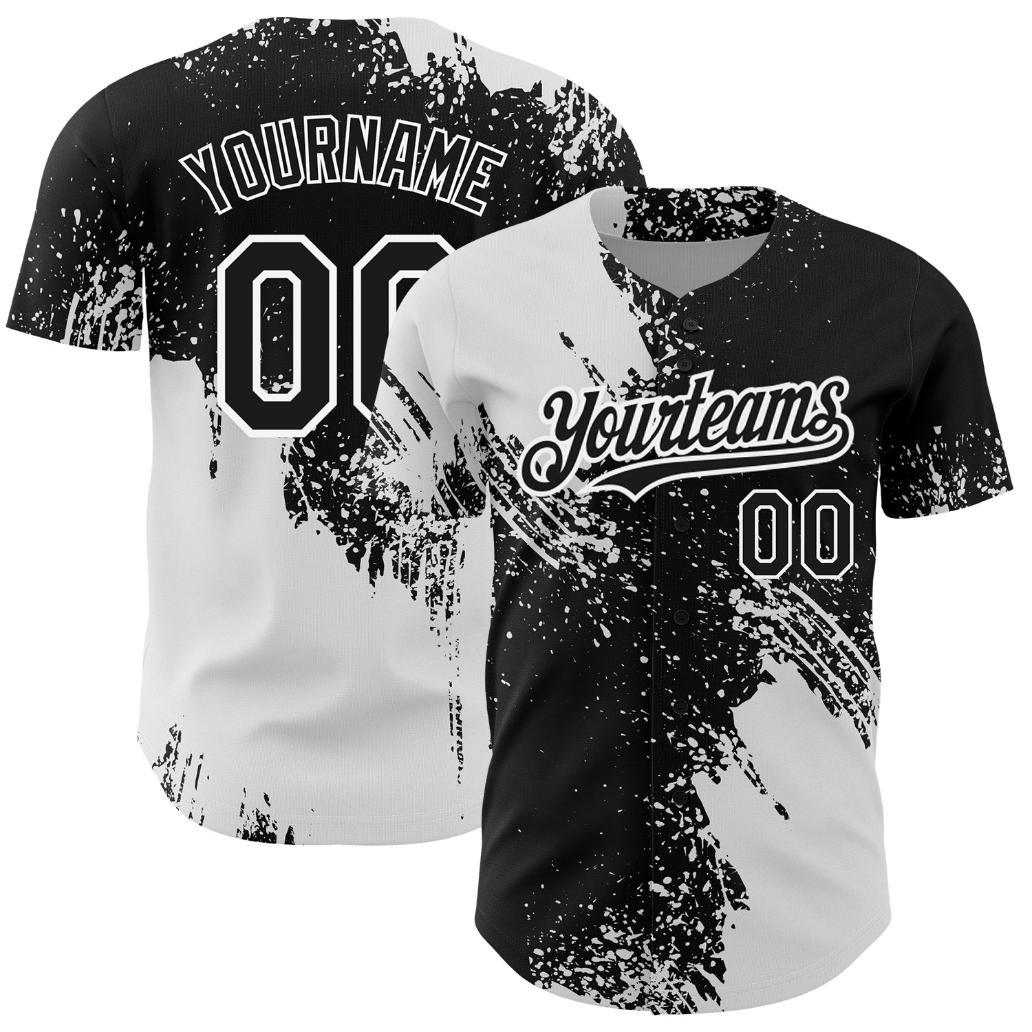Custom Name and Number Personalized Black and White Abstract Brush Stroke 3D Pattern Baseball Jersey Personalized Black White