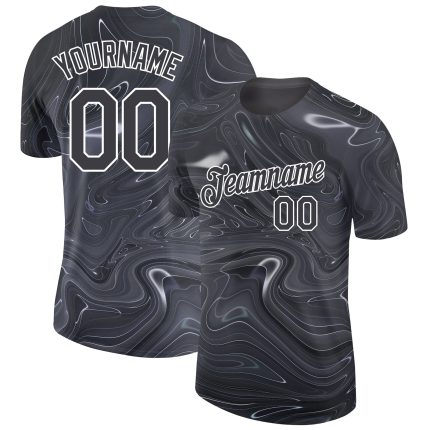 Custom Name Number T-Shirt - Abstract Liquid Marbling Fluid Art 3D Pattern Design in Black & White - Performance Apparel