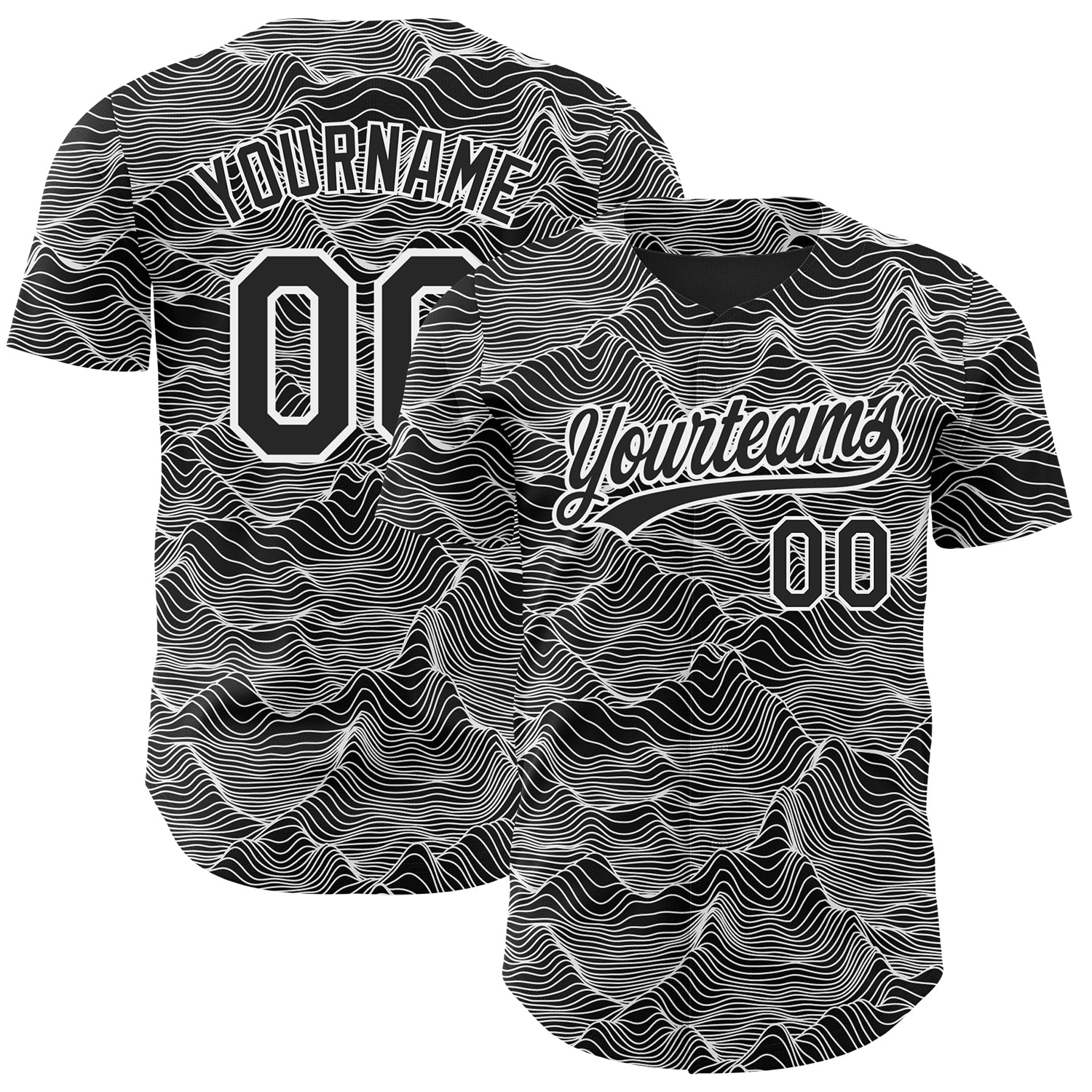 Custom Name and Number Baseball Jersey with 3D Abstract Mountain Design in Black and White - Personalized Team Apparel Personalized