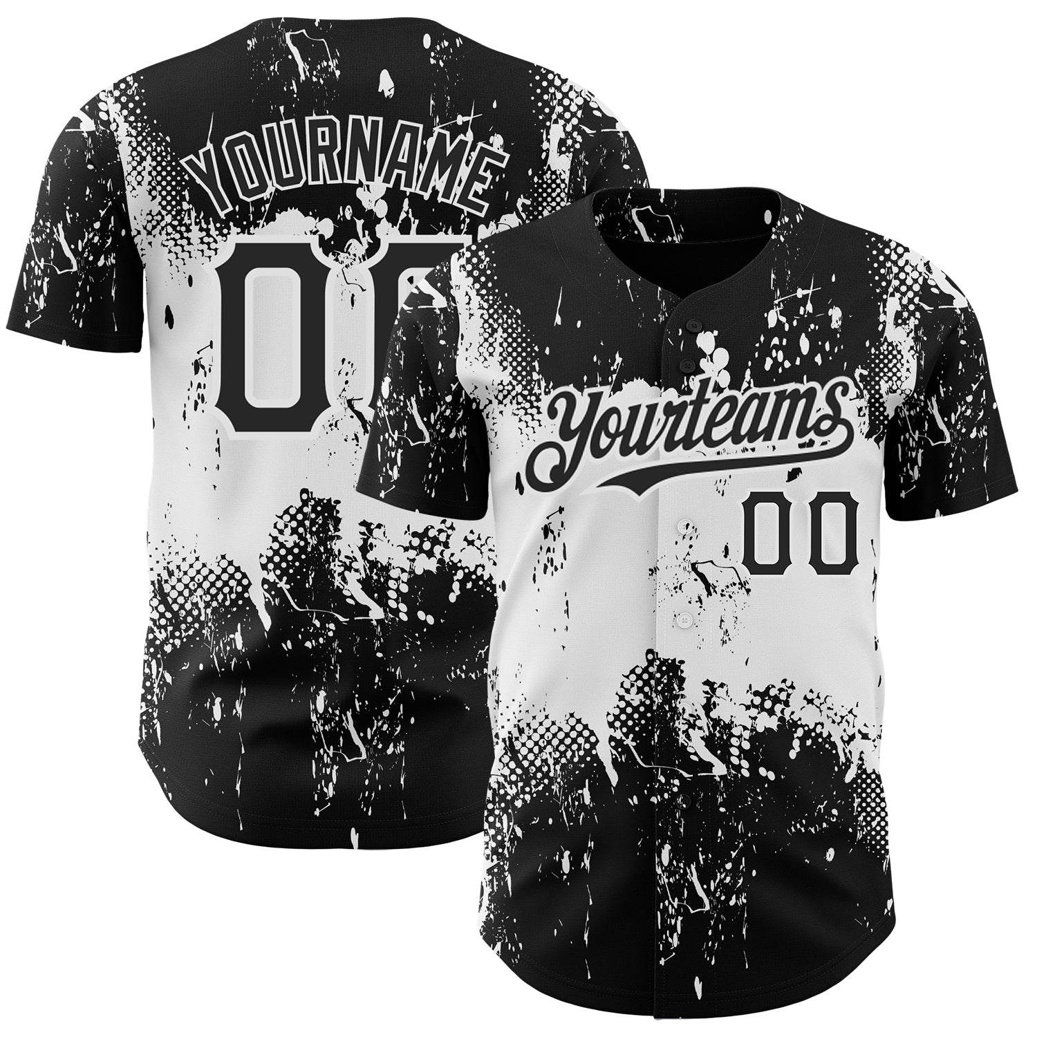 Custom Name and Number Baseball Jersey with 3D Abstract Splatter Grunge Art Design in Black and White - Personalized Team Apparel