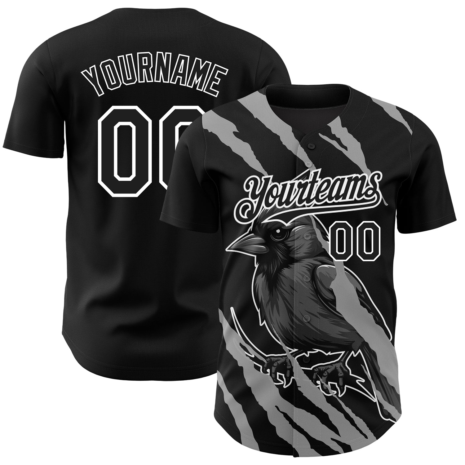 Custom Name and Number 3D Cardinal Bird Baseball Jersey | Personalized Black and White Pattern Design Personalized Black