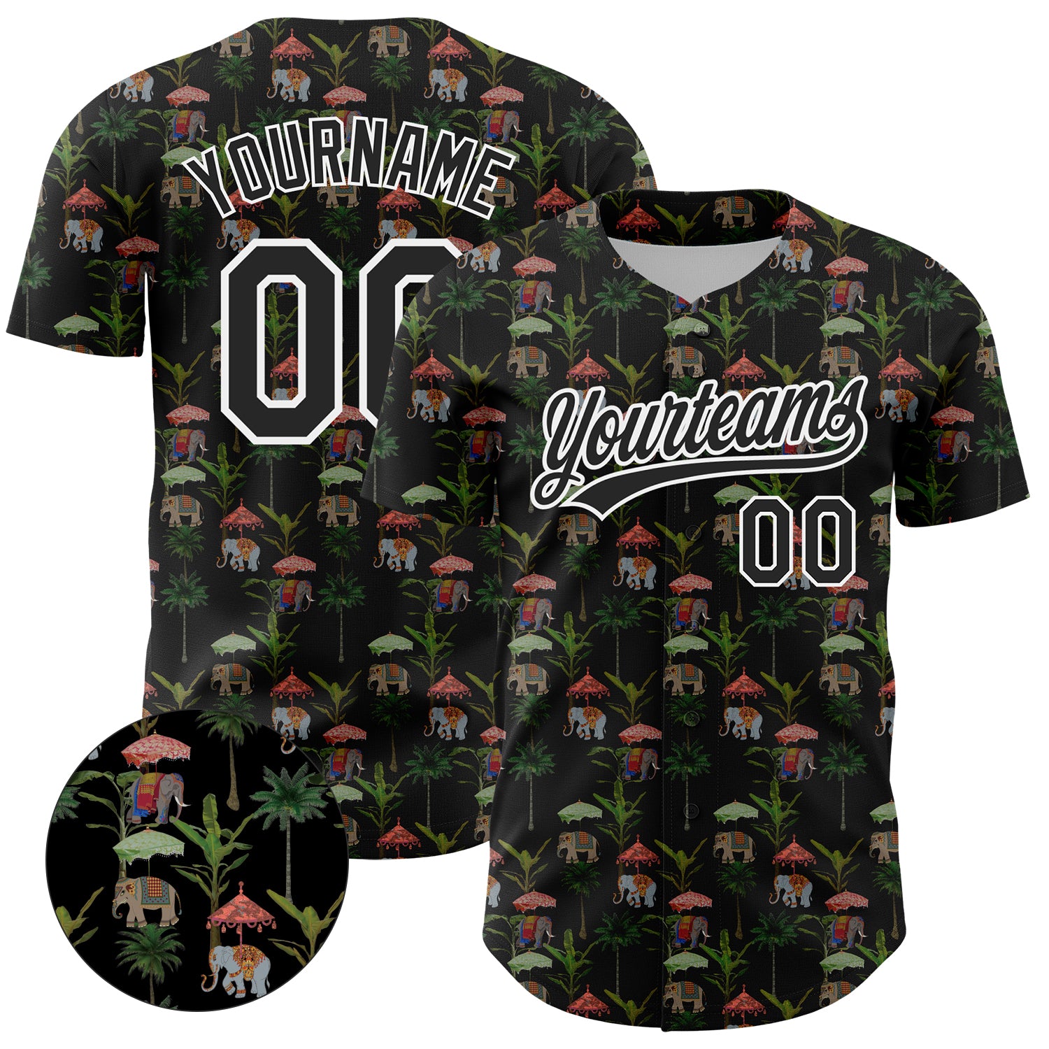 Custom Name and Number Baseball Jersey with 3D Pattern Elephant and Palm Trees - Personalized Black and White Design Personalized