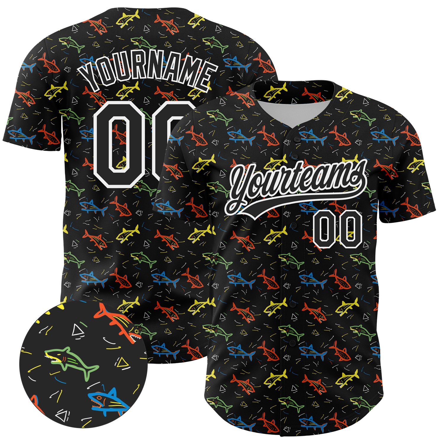 Custom Name and Number 3D Pattern Fish Baseball Jersey - Personalized Black and White Team Apparel Personalized Black White