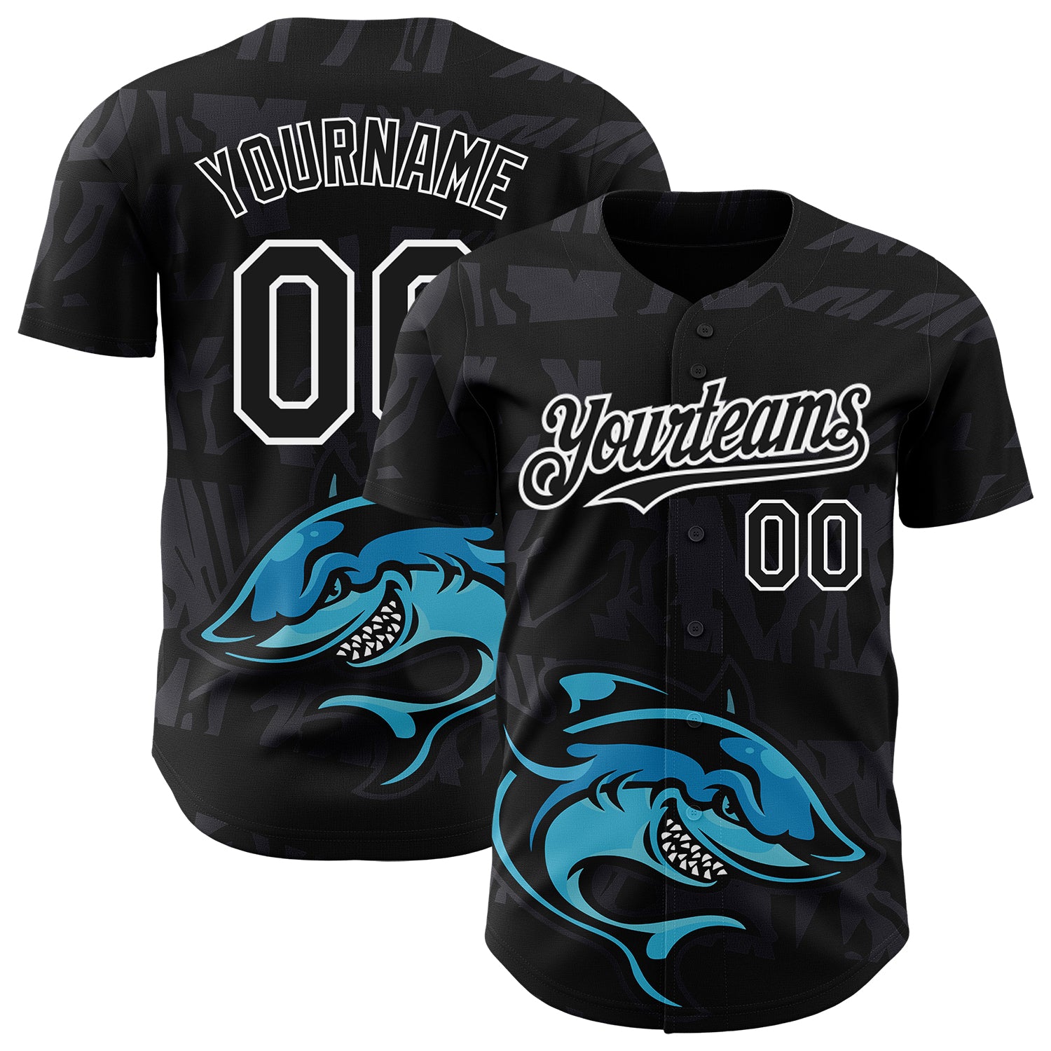 Custom Animal Shark 3D Pattern Baseball Jersey - Personalized Black and White Design with Name and Number Personalized Black
