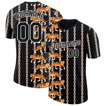 Custom Name Number Animal Tiger 3D Pattern T-Shirt - Personalized Black White Performance Tee Personalized Black White 3D