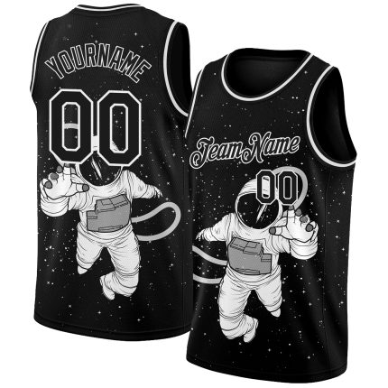 Custom Name Number Basketball Jersey 3D Pattern Design Black White Astronaut Authentic Personalized Black White 3D Pattern
