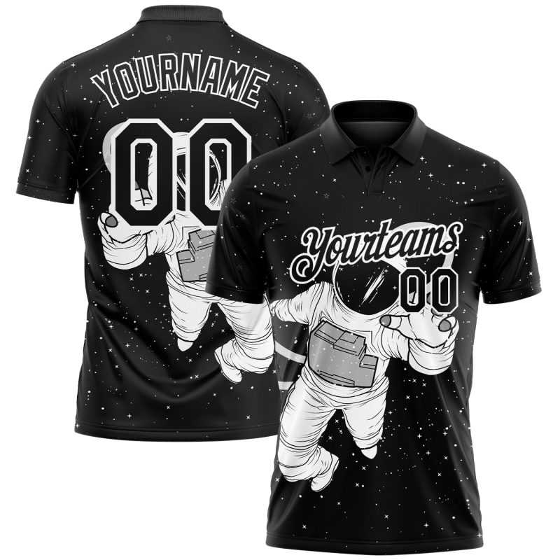 Custom Name Number 3D Astronaut Design Golf Polo Shirt - Personalized Black and White Performance Team Wear Personalized