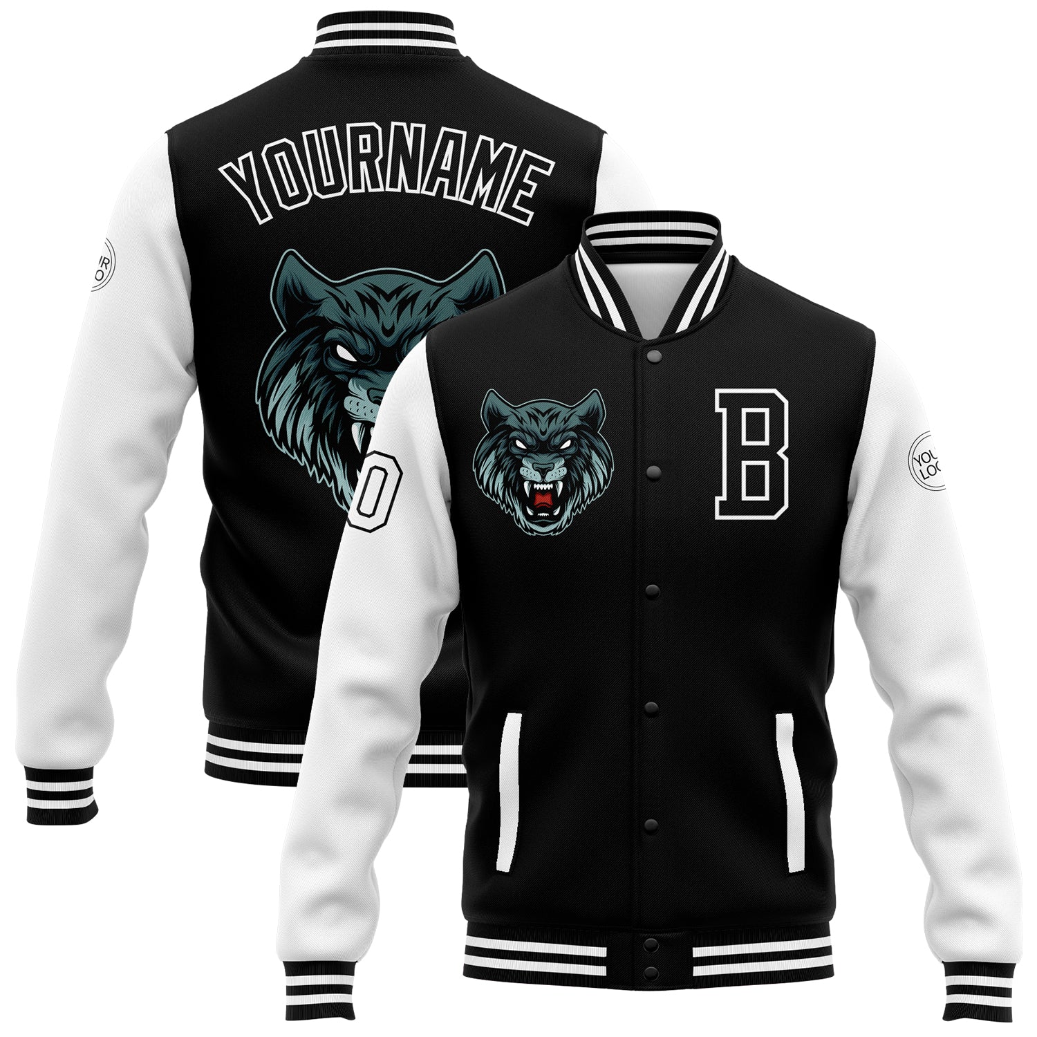 Personalized 3D Black White Pattern Varsity Letterman Bomber Jacket Full-Snap Personalized Black White 3D Pattern Design