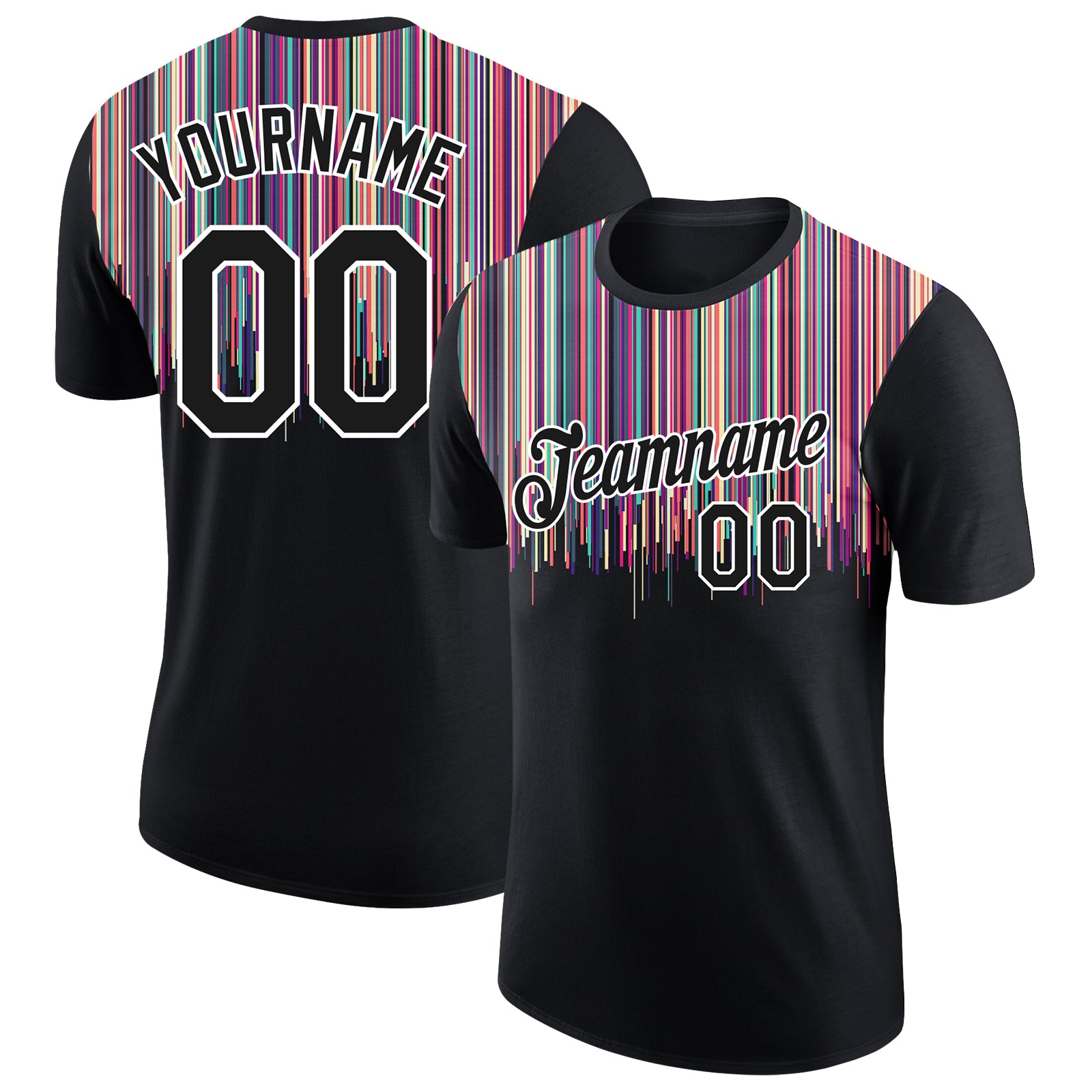 Custom Name and Number 3D Pattern T-Shirt with Colorful Lines - Personalized Black White Performance Tee Personalized Black