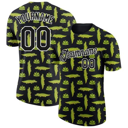 Custom Team Name and Number 3D Crocodile Performance T-Shirt - Personalized Black and White Pattern Design Personalized Black