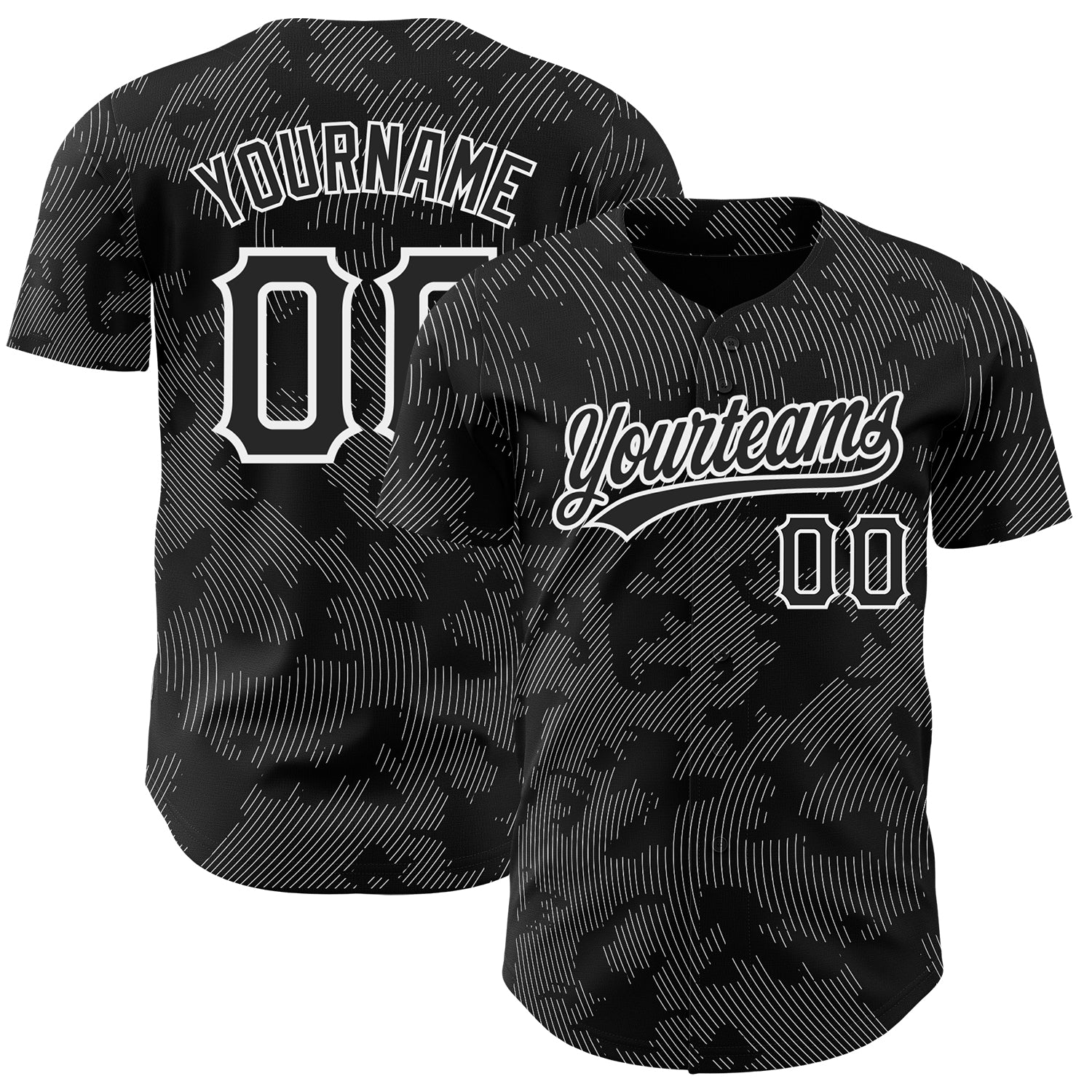 Customizable 3D Pattern Baseball Jersey with Curve Lines - Personalized Black and White Design, Team Name & Number Personalized