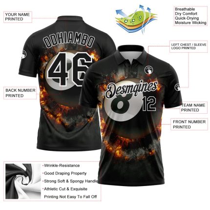 Custom 3D Flame Pattern Black and White Billiards Polo Shirt, Performance Wear Personalized Black White 3D Pattern Design