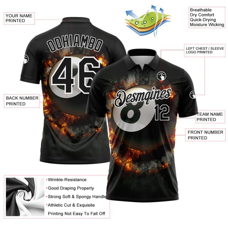 Custom 3D Flame Pattern Black and White Billiards Polo Shirt, Performance Wear Personalized Black White 3D Pattern Design
