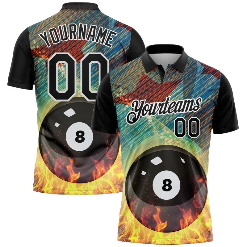 Custom Name and Number 3D Pattern Flame Billiards 8 Ball Polo Shirt Personalized Team Performance Black White Personalized
