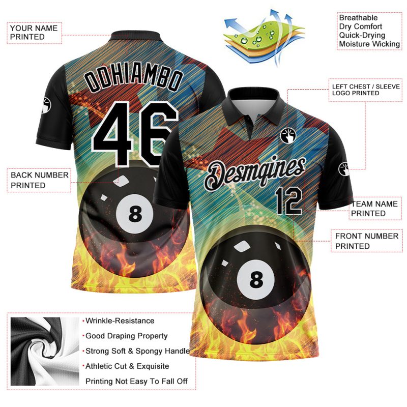 Custom Name and Number 3D Pattern Flame Billiards 8 Ball Polo Shirt Personalized Team Performance Black White Personalized