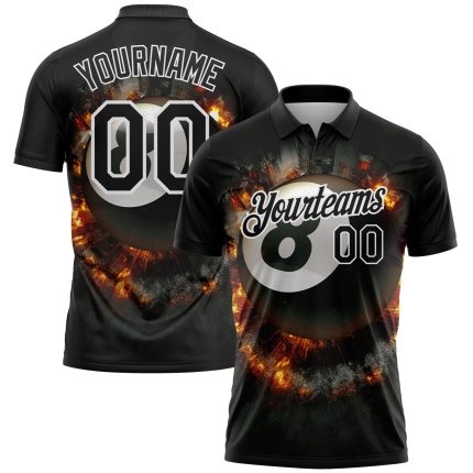Custom 3D Flame Pattern Black and White Billiards Polo Shirt, Performance Wear Personalized Black White 3D Pattern Design