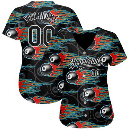 3D Pattern Design Flaming 8 Ball Baseball Jersey - Personalized Black White Snooker Billiards Apparel Personalized Black