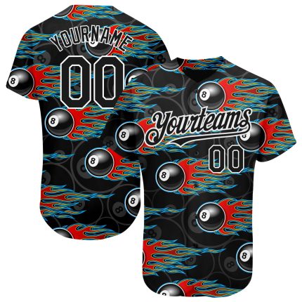 3D Pattern Design Flaming 8 Ball Baseball Jersey - Personalized Black White Snooker Billiards Apparel Personalized Black