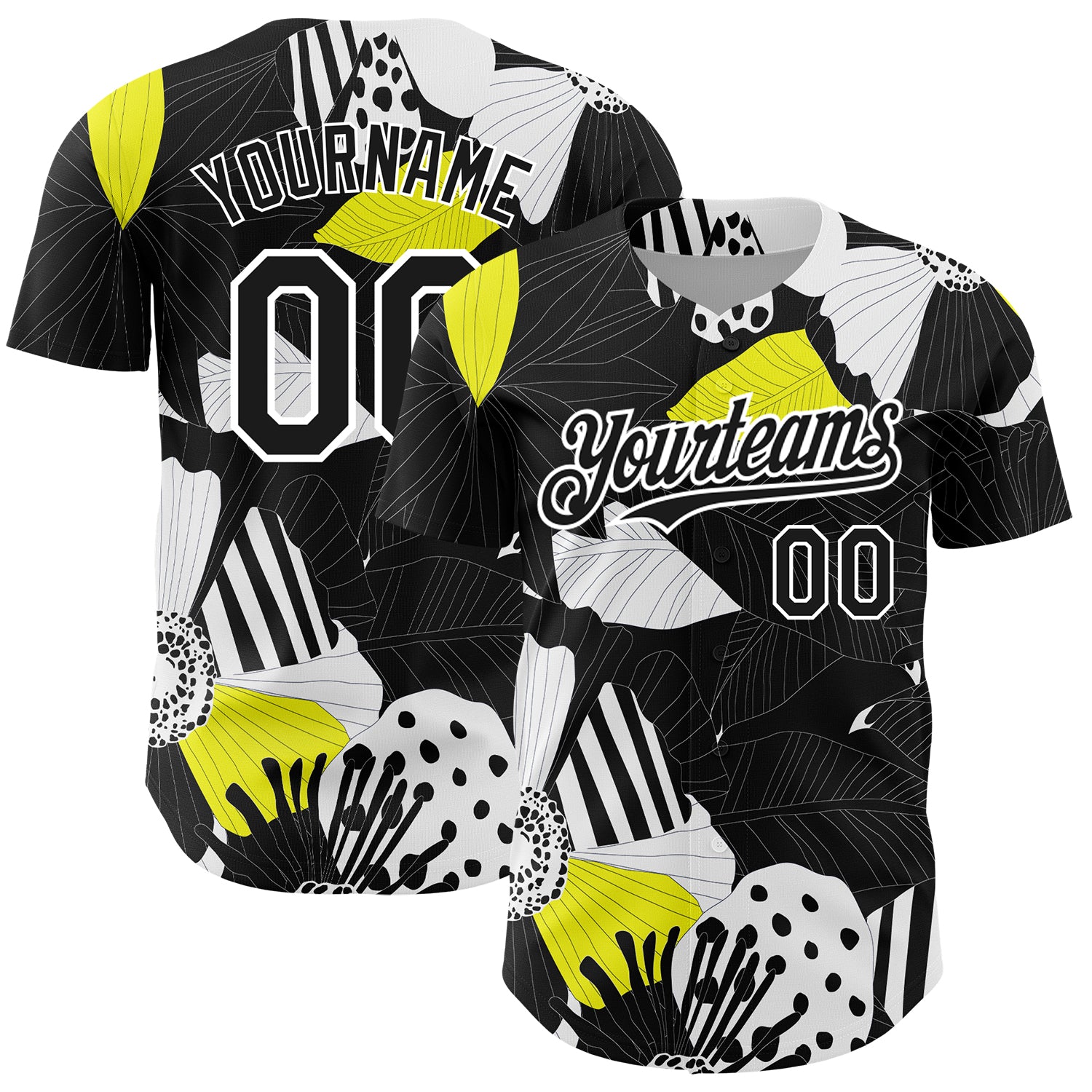 Custom Name Number Baseball Jersey with Personalized Black White 3D Flower Pattern Design Authentic Personalized Black White